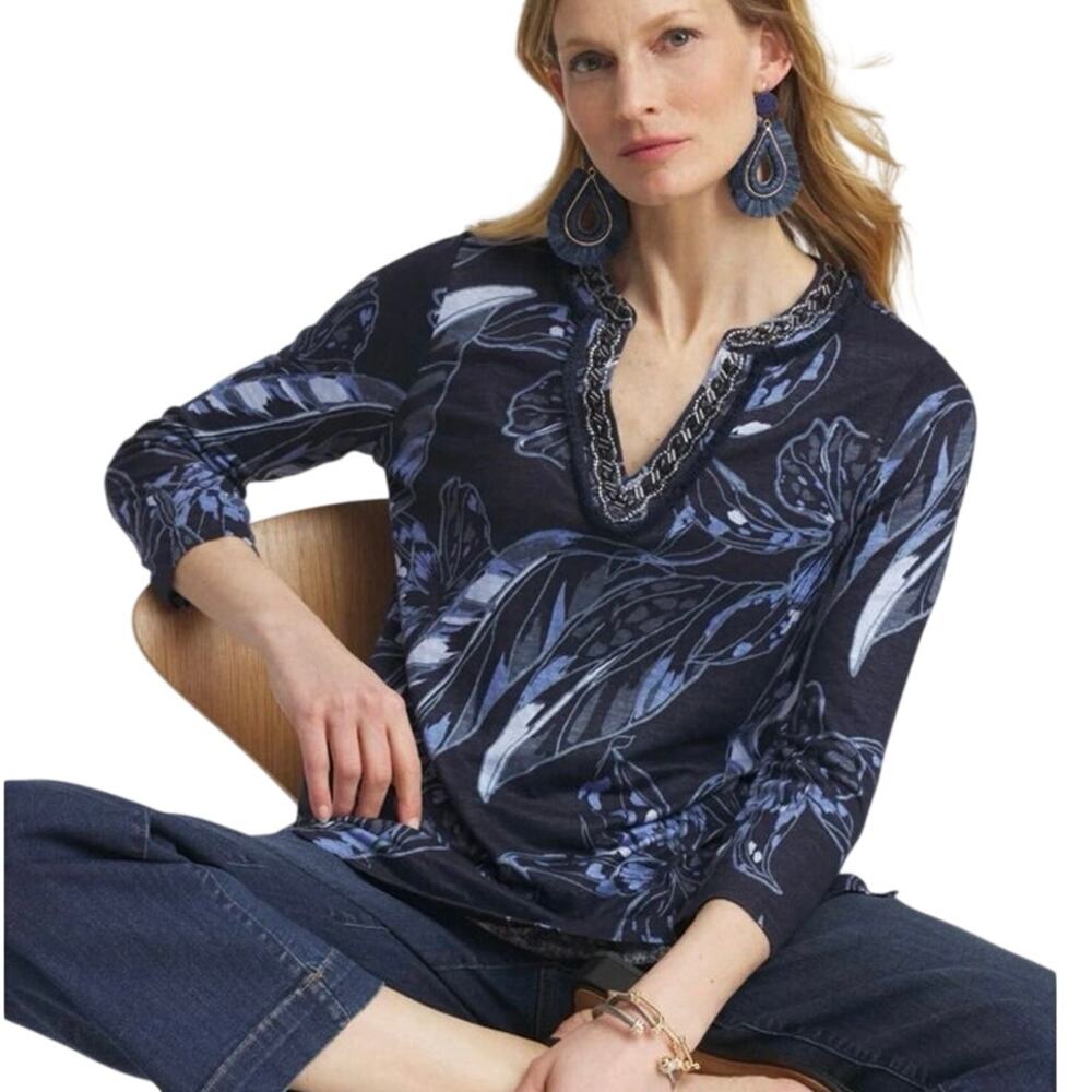 Chicos 100% Linen Floral Print Blue Embellished Tunic Top Size 1 Medium Boho